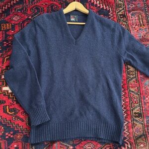 Vintage Robert Bruce Navy Shetland Wool Blend V-Neck Sweater XL Made in USA